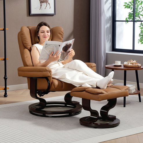 HOMCOM 360° Swivel Recliner Chair with Footstool, PU Leather Manual Recliner Armchair with Footstool, Solid Wood Base, Upholstered Reclining Chair for Living Room, Bedroom, Office, Brown
