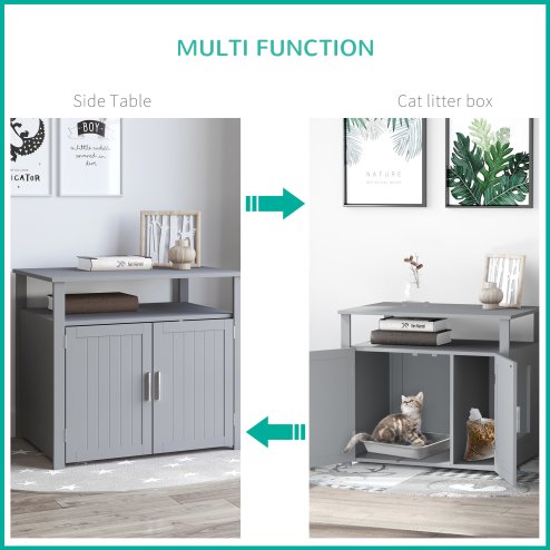 PawHut Wooden Cat Litter Box Enclosure Furniture with Adjustable Interior Wall & Large Tabletop for Nightstand, Grey