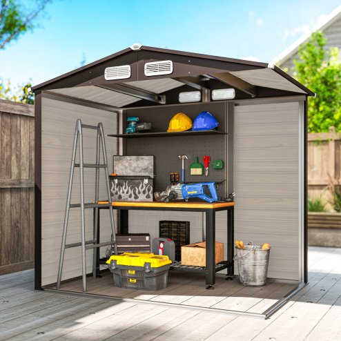 Outsunny 4.3 x  6.2 ft Garden Shed, Galvanised Metal Shed, Easy to Assemble, with Lockable Door, Gloves and 2 Vents Outdoor Tool Storage, Oak