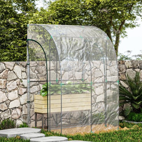 Outsunny Walk-In Greenhouse with Zipped Roll Up Doors, Lean-to Small Greenhouse with Plastic Cover and Sloping Top for Flowers, Vegetables and Herbs, 143cm x 118cm x 212cm, Clear
