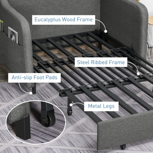 HOMCOM Pull Out Double Sofa Bed, Fabric 2 Seater Sofa Couch with Pillows and Side Pockets, Convertible Sleeper for Living Room, Grey