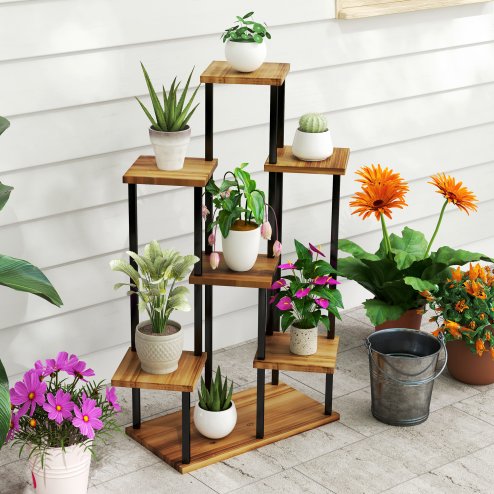 Outsunny 5 Tier Plant Stand Indoor Outdoor, Tiered Corner Steel Wood Plant Shelf for Multiple Plants, Tall Flower Stand Display Rack for Garden Patio Balcony Living Room, Carbonised Finish