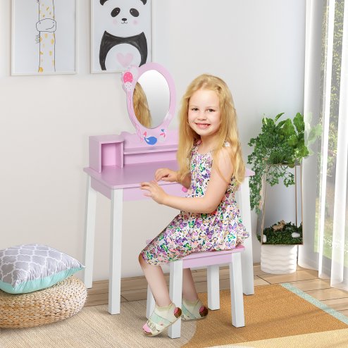 HOMCOM 2 PCS Kids Wooden Dressing Table and Stool Girls Vanity Table Makeup Table Set with Mirror Drawers Role Play Toy for Toddlers Age 3 Years +, Pink and White
