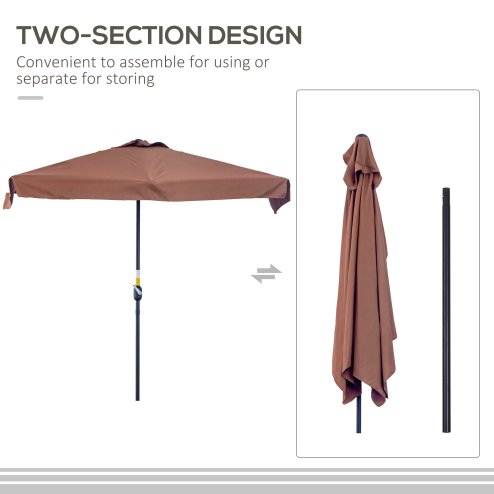 Outsunny 2.3m Half Parasol Semi Round Umbrella Patio Metal Frame Crank Handle for Balcony- NO BASE INCLUDED, Brown
