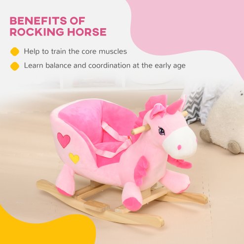 HOMCOM Rocking Horse, Kids Plush Ride on Unicorn with Songs, Wooden Base, Seat Belt, for Toddlers 18-36 Months, Pink