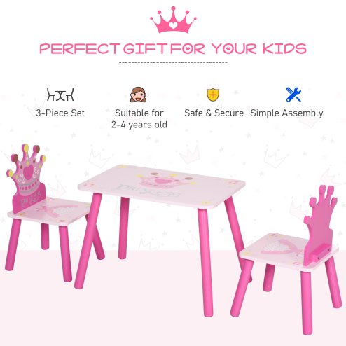HOMCOM 3 Pcs Kids and Table Chair Set Princess & Crown Theme Home Furniture Pretty Gift 2-4 Years Pink