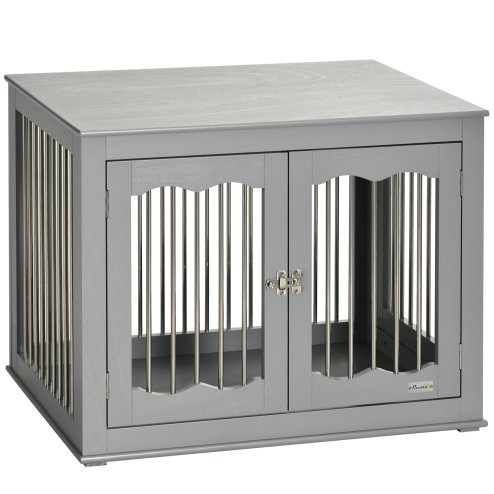 PawHut Dog Crate End Table with Three Doors, Furniture Style Dog Crate with Interchanged Side Door, for Medium Dogs, Indoor Use w/ Locks and Latches - Grey