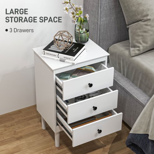 HOMCOM Bedside Table Set of 2, Bedside Cabinet with 3 Drawers, Modern Sofa Side Table, Nightstand for Bedroom, 40x30x64cm, White