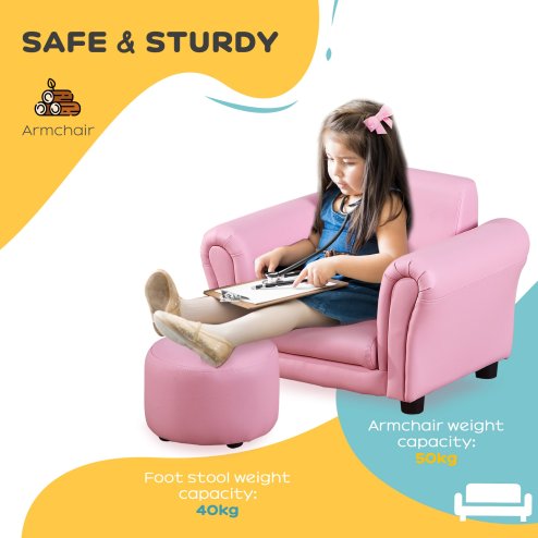 HOMCOM Children's Armchairs Toddler Chair Sofa Single Seater Childrens Armrest w/ Footstool - Pink