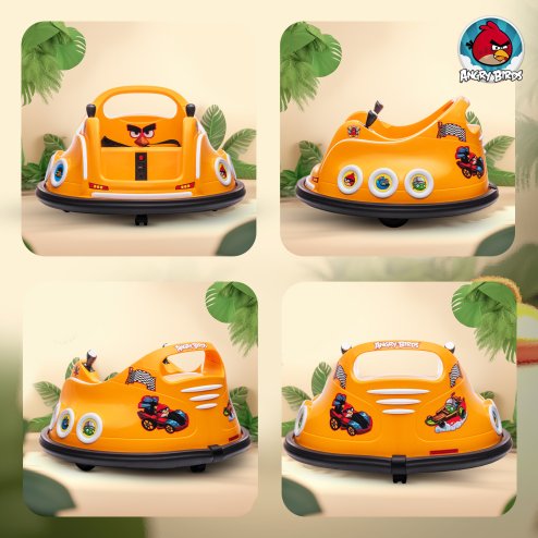 AIYAPLAY Angry Bird Licensed 12V Kids Bumper Car, 360 Rotation Waltzer Car with Joysticks, Remote Control, Music USB LED Lights, for 3-5 Years Old - Orange