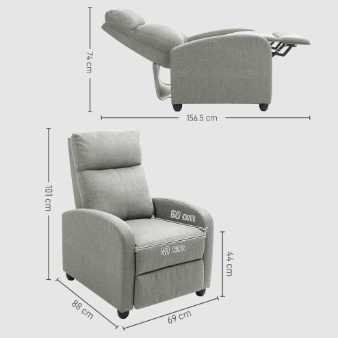 HOMCOM Push Back Recliner Armchair, Linen Fabric Reclining Chair with Adjustable Leg Rest, Single Padded Seat Sofa Lounge for Living Room, Bedroom, Light Grey