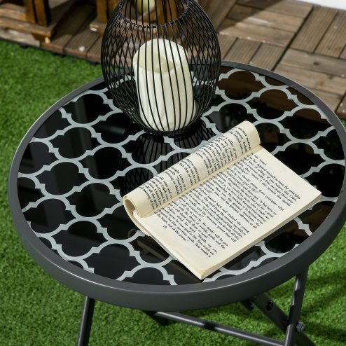 Outsunny ??45cm Garden Side Table, Outdoor Round Folding Patio Table with Imitation Marble Glass Top, Small Coffee Table, Black and White