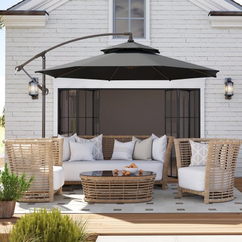 Outsunny 2.7m Garden Banana Parasol Cantilever Umbrella with Crank Handle, Double Tier Canopy and Cross Base for Outdoor, Hanging Sun Shade, Black