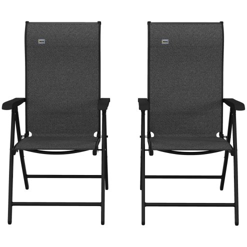Outsunny Set of 2 Outdoor Wicker Folding Chairs, Patio PE Rattan Dining Armrests Chair set with 7 Levels Adjustable Backrest, for Outdoors, Camping, Grey