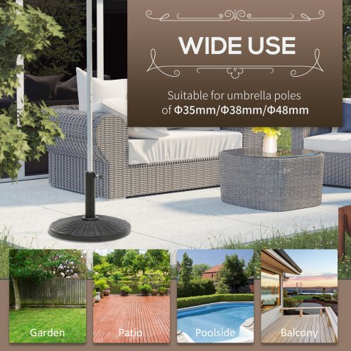 Outsunny 11.5 kg Round Cement Parasol Base, Umbrella Stand Holder with Rattan Style Pattern for 38, 48 mm Poles for Outdoor, Garden, Black