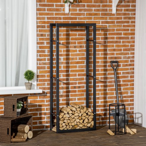 HOMCOM Metal Firewood Log Holder Tall Firewood Rack Indoor Outdoor Fireplace Wood Storage Shelf with Side Rails, Rust-Resistant, Black, 60W x 25D x 150H cm