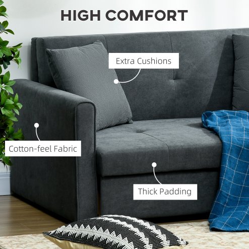 HOMCOM 2 Seater Sofa Bed, Convertible Bed Settee, Modern Cotton Loveseat Sofa Couch with 2 Cushions, Hidden Storage for Living Room, Guest Room, Dark Grey