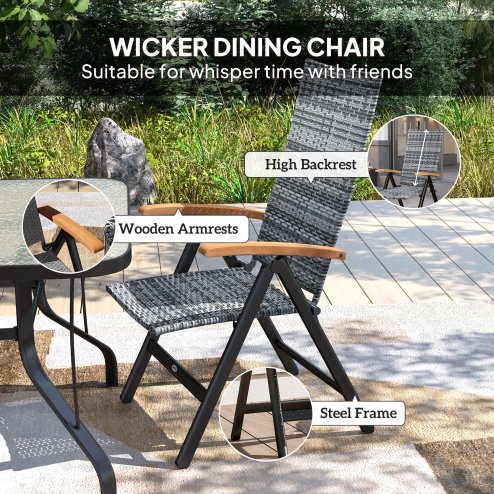 Outsunny Outdoor Folding Dining Chair, PE Rattan Chair with Armrests, High Backrest, for Garden, Camping, Balcony, Porch, Light Grey