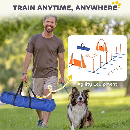 PawHut Dog Agility Equipment, 7-Piece Pet Agility Training Set with Weave Poles, Jump Ring, Hurdle, Pause Box, Bag, Obstacle Training Course Kit, Orange