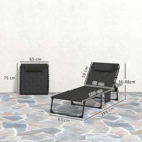 Outsunny Foldable Sun Lounger Set with 5-level Reclining Back, Outdoor Tanning Chairs Sun Loungers with Build-in Padded Seat, Side Pocket, Headrest for Beach, Patio, Black