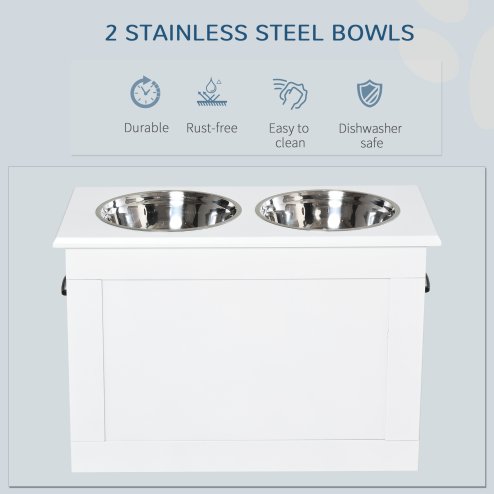 PawHut Raised Dog Bowls, Pet Feeding Storage Station with Two Stainless Steel Bowls, Base, for Large Dogs, White