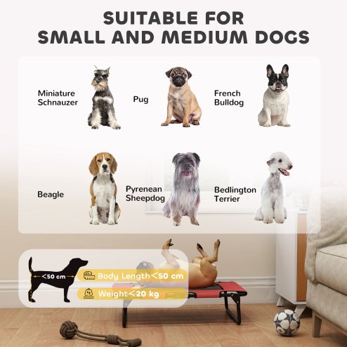 PawHut Raised Dog Bed, Portable Elevated Pet Cot with Breathable Mesh for Indoor Outdoor, for Small Medium Dogs, 75 x 51 x 18 cm, Red