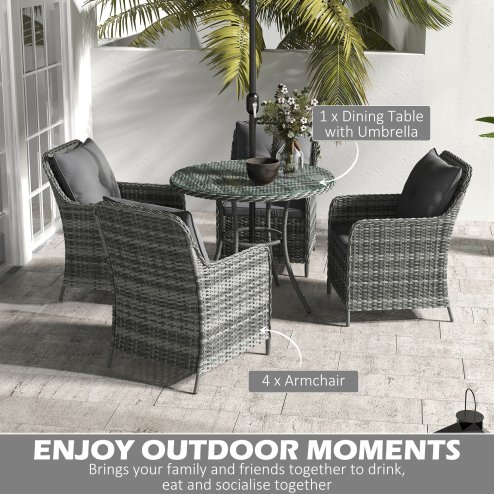Outsunny 4 Seater Rattan Dining Set with Parasol, Luxury Rattan Garden Furniture Set with Seat and Back Cushions, Outdoor Table and Chairs, Round Glass Top Table