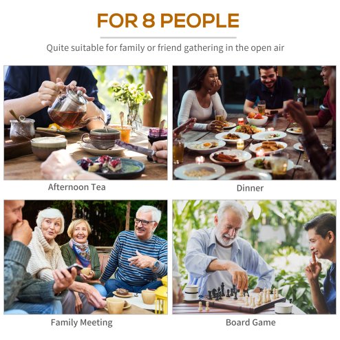 Outsunny 8 Seater Wooden Picnic Table and Garden Benches Set, Round Garden Dining Set with 4 Benches and Umbrella Hole Outdoor Garden Park, Brownish Red