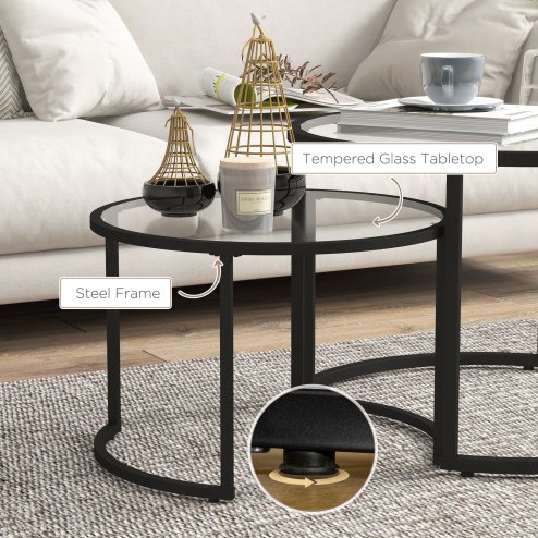 HOMCOM Coffee Table Set of 2, Modern Nest of Tables with Tempered Glass Top, Steel Frame for Living Room, Black