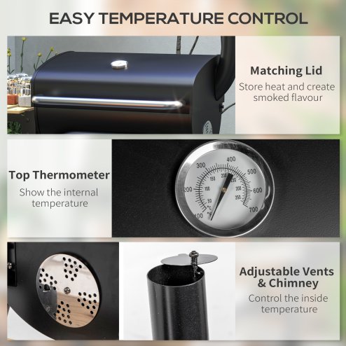 Outsunny Charcoal Barbecue Grill with Shelves, Portable BBQ Trolley Smoker with Wheels, Lid, Thermometer, Chimney for Outdoor Garden Party Cooking, Black