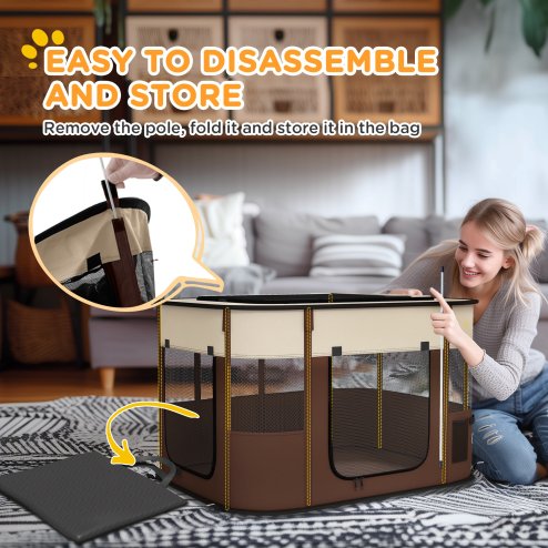 PawHut Dog Pen, Pet Playpen, Portable Foldable Dog Cat Playpen Soft Pet Cage with Storage Bag for Puppies, Rabbits, Kittens, Guinea Pigs, 94 x 74 x 60cm - Brown