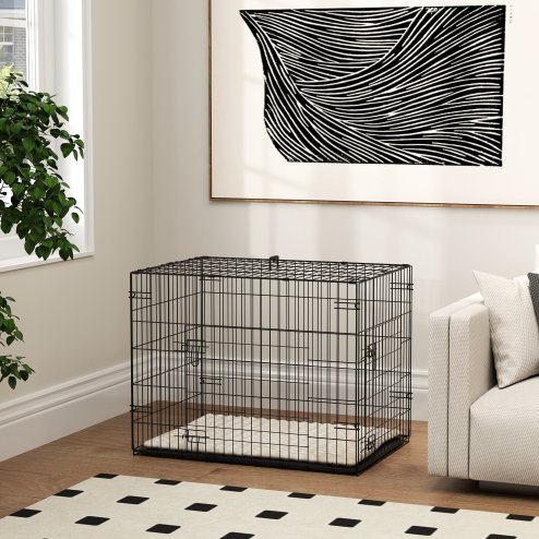 PawHut Dog Crate, Folding Metal Dog Cage with Two Doors, Tray, Soft Cushion, for Small Dogs, 76 x 53 x 60 cm, Black