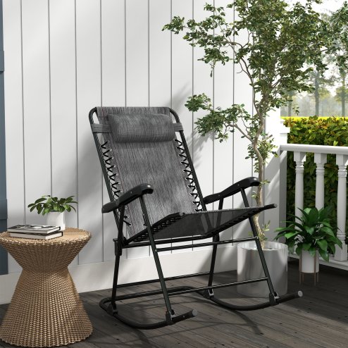 Outsunny Garden Rocking Chair Folding Outdoor Adjustable Rocker Zero-Gravity Seat with Headrest Camping Fishing Patio Deck, 95 x 64 x 106 cm - Grey