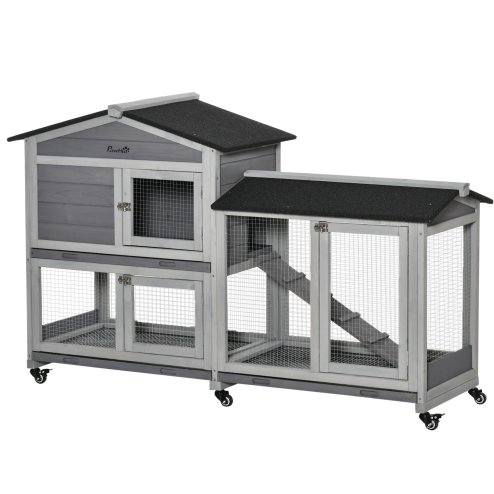 PawHut Rabbit Hutch Outdoor with Run Guinea Pig Hutch 2-Tier Bunny Cage w/ Wheels No-Leak Plastic Tray 157.4 x 53 x 99.5 cm - Grey