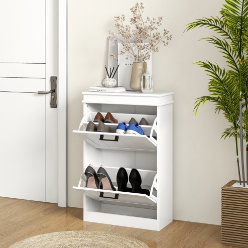 HOMCOM 2 Drawers Entryway Shoe Cabinet, Narrow Shoe Storage Cabinet with 2 Flip Drawers and Adjustable Shelves for 10 Pairs of Shoes, White