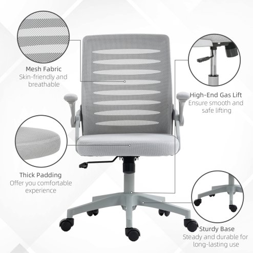 Vinsetto Mesh Office Chair, Swivel Task Desk Chair with Lumbar Back Support, Flip-Up Arm, Adjustable Height for Home Office, Grey