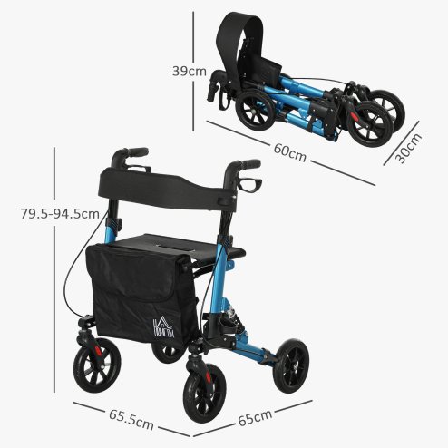 HOMCOM Folding Rollator Walker with Seat, Backrest, Lightweight Walking Frame with Storage Bag, Dual Brakes, Adjustable Handle Height, Suspension System, 4 Wheeled Walker for Seniors