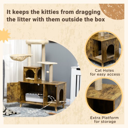 PawHut Cat Tree with Litter Box Enclosure, 2-in-1 Cat Tower for Indoor Cats with Cat House, Scratching Post, Hammock, Cushion, Rustic Brown