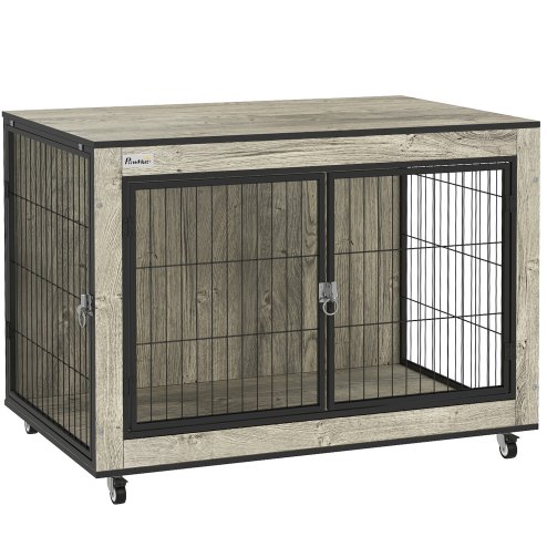 PawHut Dog Crate Furniture on Wheels, Dog Cage End Side Table with Lockable Double Doors, for Medium Breeds, 80 x 56 x 62.5cm, Grey