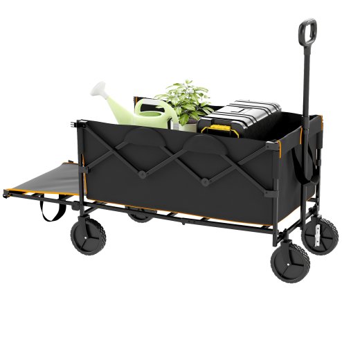 Outsunny 160L Festival Trolley on Wheels, Folding Camping Trolley Cart w/ Tailgate, 100kg Heavy Duty Garden Collapsible Folding Wagon w/Adjustable Handle, Carry Bag for Beach Picnic, Black and Orange