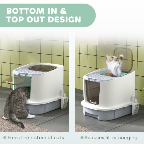 PawHut Cat Litter Box with Lid, Hooded Cat Litter Tray with Scoop, Deodorisation Bags, Top Entry, Cat Toilet with Drawer Pan, Grey