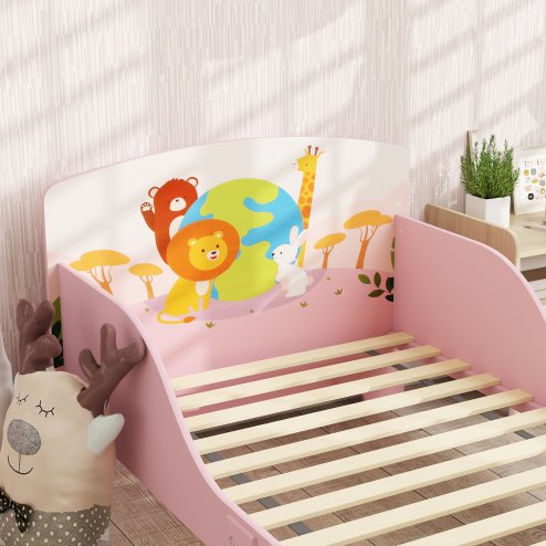 AIYAPLAY Toddler Bed, Cute Animal-Themed Kids Bed Frame with Safety Rails, Kids Bedroom Furniture, 143 x 77 x 60cm, Pink