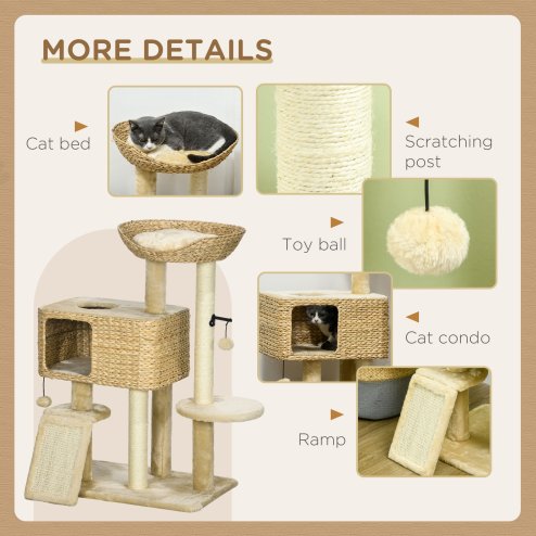 PawHut 95cm Cat Tree for Indoor Cats, Cat Tower with Scratching Posts, Ramp, Condo, Toy Balls, Platform, Bed, Ramp - Beige