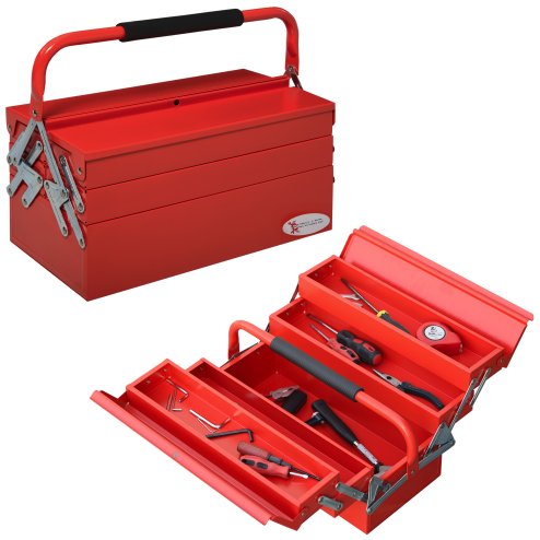 DURHAND Metal Tool Box 3 Tier 5 Tray Professional Portable Storage Cabinet Workshop Cantilever Toolbox with Carry Handle, 45cmx20cmx34.5cm, Red