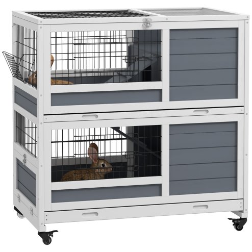 PawHut Rabbit Hutch Guinea Pig Hutch Indoor Wooden Small Animal House with Wheels, Openable Top, No-Leak Plastic Trays - Grey