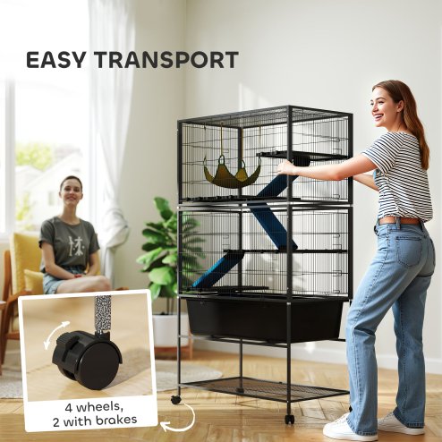 PawHut 5 Levels Rabbit Cage, Rolling Rat Cage with Slide Out 16cm Deep Tray, Non Slip Cloth Covered Ramps, Hammock, for Bunny, Pet Mink, Chinchillas, Squirrel, 88 x 48 x 150.5cm, Dark Grey