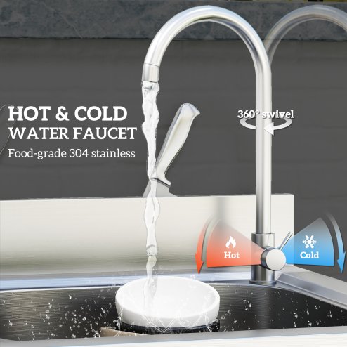 HOMCOM Outdoor Utility Sink, Stainless Steel Free Standing Single Bowl Kitchen Sink with Cold and Hot Water Pipe and Storage Shelf for Laundry Garage, 55 x 50 x 100 cm