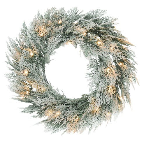 HOMCOM 60cm/ 24inch Prelit Christmas Wreath with 35 Warm White LED Lights, Timer, Battery Operated, Flocked Winter Door Wreath with All Realistic Branches, Silver Tone Glitter for Home Decorations