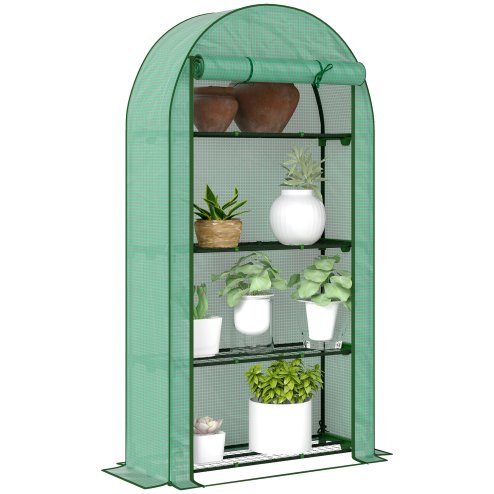 Outsunny 4 Tier Mini Greenhouse with Reinforced PE Cover, Portable Small Greenhouse with Roll-Up Door, 105 x 45 x 160cm, Green