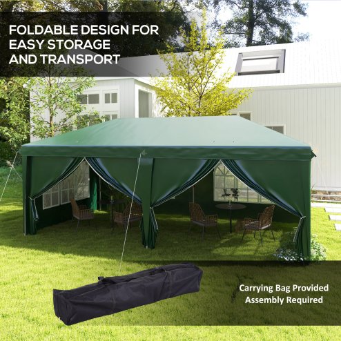 Outsunny 3 x 6 m Pop Up Gazebo with Sides and Windows, Height Adjustable Wedding Camping Party Tent Canopy Marquee with Storage Bag for Garden, Event, Green